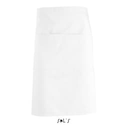 A white waist-style apron featuring pockets, with a logo at the bottom.