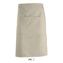 A waist-style apron in a light beige tone, featuring three pockets for convenient storage. It has a logo at the bottom.
