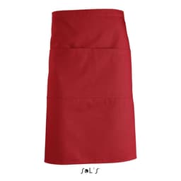 A red waist apron with pockets, featuring a simple design and a brand logo at the bottom.