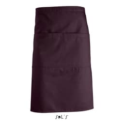 A waist-style apron in deep purple featuring two pockets, with a logo at the bottom.