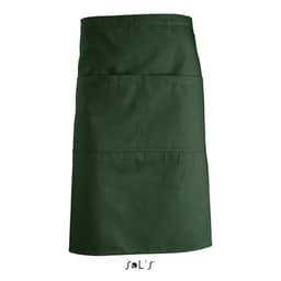 A green waist apron featuring pockets and a branding logo at the bottom.