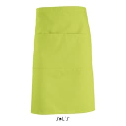 A bright lime green waist apron with two front pockets and a logo at the bottom.