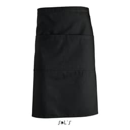 A black waist apron with two pockets, featuring a logo at the bottom.