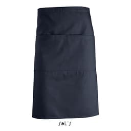 A navy waist apron with pockets, featuring a simple design and a logo at the bottom.