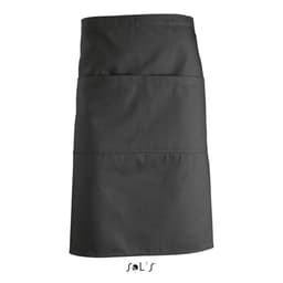 A waist-style apron in dark grey with two front pockets and a simple design, featuring a logo at the bottom.