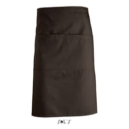 A brown waist apron featuring two front pockets and a logo at the bottom.