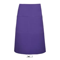 A purple waist-style apron featuring pockets and a minimalist design, with a logo at the bottom.