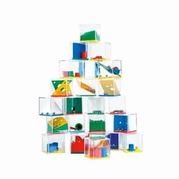 A stack of clear educational boxes filled with various colourful geometric shapes and marbles.