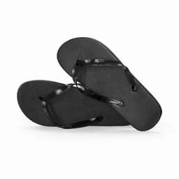 A pair of black flip-flops with black straps and textured soles on a white background.