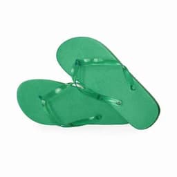 A pair of green flip-flops with a textured sole and transparent straps.