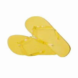 A pair of yellow flip-flops with translucent straps and textured soles. They feature a minimalist design.