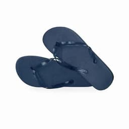 A pair of navy blue flip-flops with a textured surface and matching straps, featuring a simple design.