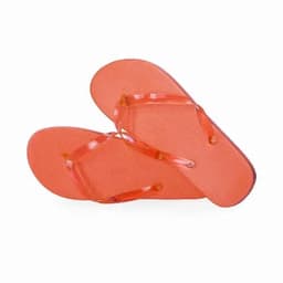 A pair of orange flip-flops with a textured sole and transparent straps. The product features a simple, casual design.