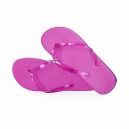 A pair of bright pink flip-flops with transparent straps, featuring a textured footbed.