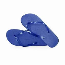 A pair of blue flip-flops featuring a textured sole and glossy straps. The product includes a simple branding logo.