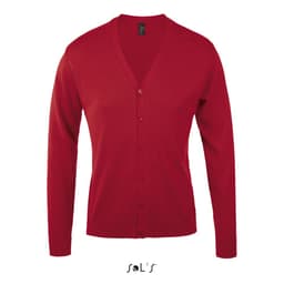 A red V-neck cardigan made from a cotton and acrylic mix, featuring a button-down front and long sleeves.