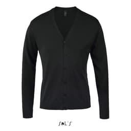 A V-neck cardigan in black, made from a cotton and acrylic mix, featuring a button-down front and long sleeves.