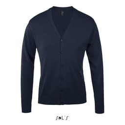 A navy v-neck cardigan made from a cotton and acrylic mix. The garment features a buttoned front and long sleeves.