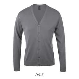 A V-neck cardigan for men, made from a cotton and acrylic mix, in a grey colour, featuring buttons and a logo.