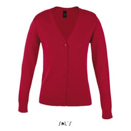 A red knitted cardigan with a v-neck design and button-up front. It features long sleeves and a branded label inside.
