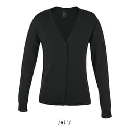 A women's black knitted cardigan featuring a V-neck design and button front. The product has a branding logo.
