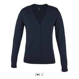 A women's knitted cardigan in navy blue with a V-neck and front buttons. The garment has long sleeves and a label.