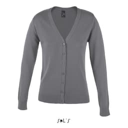 A grey knitted women’s cardigan featuring a v-neck and button closures, with long sleeves and a fitted hem.