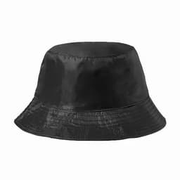 A black bucket hat with a shiny, smooth finish and a wide brim. Contains a logo on the side.