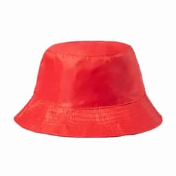 A red bucket hat with a smooth finish and a wide brim. It features a simple, unadorned design.