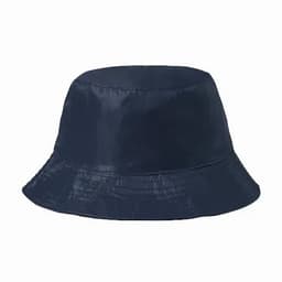 A bucket hat in navy blue with a soft, shiny finish and a wide brim. It features a logo on the side.