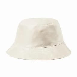 A bucket hat in a soft cream colour with a wide brim and a simple design. It features a branding logo.