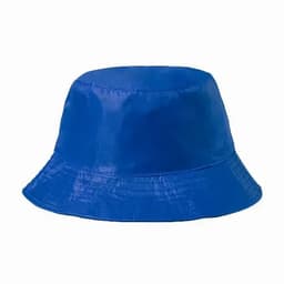 A blue bucket hat with a smooth finish and a wide brim, featuring a simple, unembellished design.
