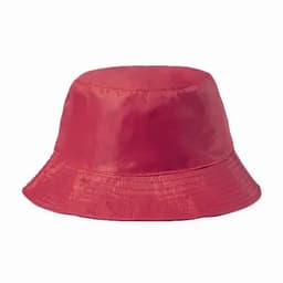 A red bucket hat with a smooth finish, featuring a wide brim and a simple design.