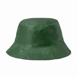 A green bucket hat with a smooth finish and a wide brim, featuring a simple design without any logos.