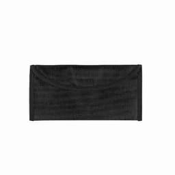 A black promotional product with a smooth, textured surface and a folded design. It features a logo.