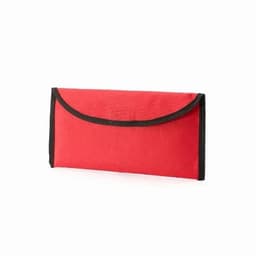 A red pouch with black trim, featuring a flap closure. It has a simple, sleek design.
