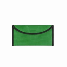 A green pouch with a black trim, featuring a fold-over flap and no visible text or branding.