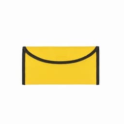 A yellow pouch with black trim, featuring a rounded flap closure and a simple design.