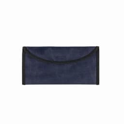 A navy blue pouch made of fabric, featuring a simple flap closure and black trim.