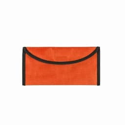 An orange organisational pouch with a black trim and a curved flap closure, featuring a logo.
