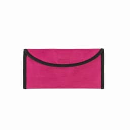 A pink promotional product with a black trim, featuring a flap closure and an inner compartment.