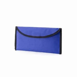 A blue fabric pouch with a black trim and a flap closure. It has a rectangular shape and is lightweight.