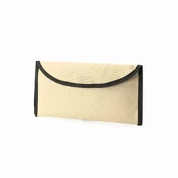 A pouch featuring a cream exterior with black edging, secured by a fold-over flap.