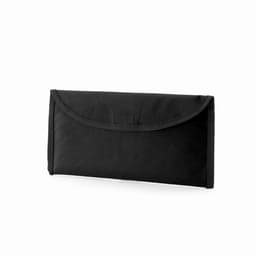 A black pouch with a fold-over flap and a seamless design. It features a simple, functional style.
