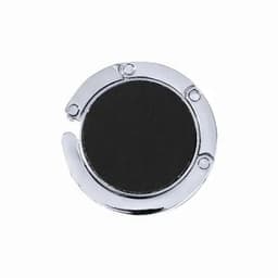 A round, metallic product with a chrome finish and a black centre. It features a clip and a smooth edge.