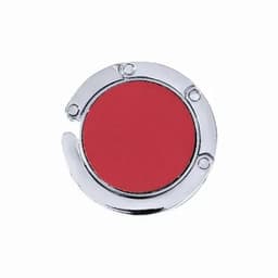 A round, chrome compact with a red lip colour inside. The compact has a shiny finish with small fastening details.