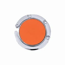 A circular orange product with a shiny silver rim and a prominent centre. The item features a simple design.