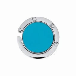 A circular, turquoise drink bottle lid with a shiny silver rim and fastening mechanism.