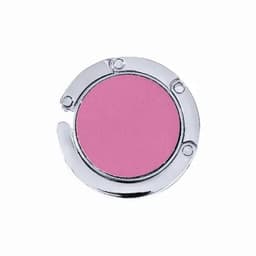 A round pink compact with a shiny silver case, featuring a clasp closure.