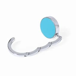 A hanger with a round blue magnet and a silver metal hook, designed for holding items.
